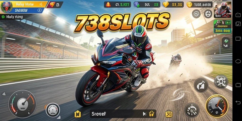 Screenshot dari gameplay balap motor yang mendebarkan di 738SLOTS.