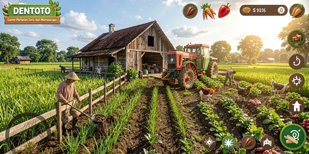 Tampilan gameplay seru DENTOTO dengan aktivitas berkebun.