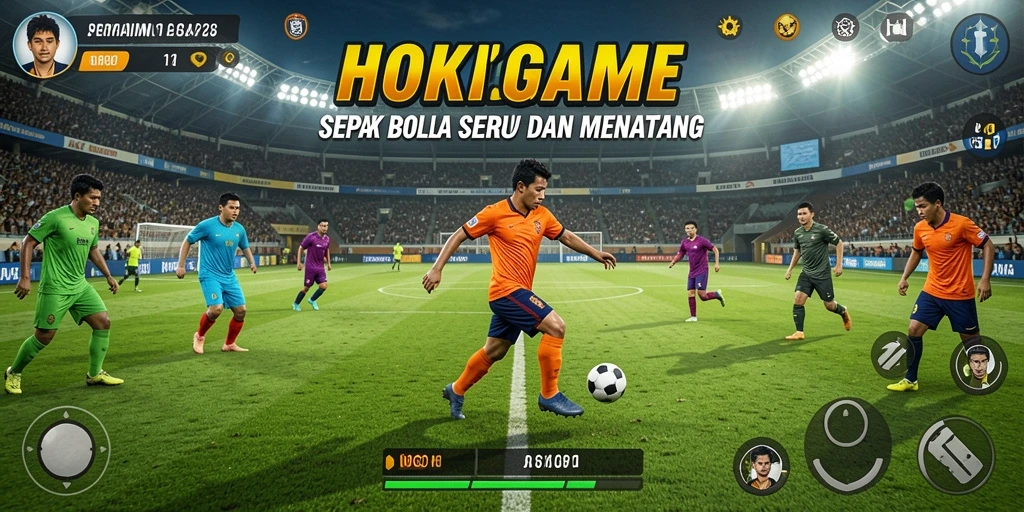 Screenshot HOKIGAME menampilkan aksi seru sepak bola yang mendebarkan.