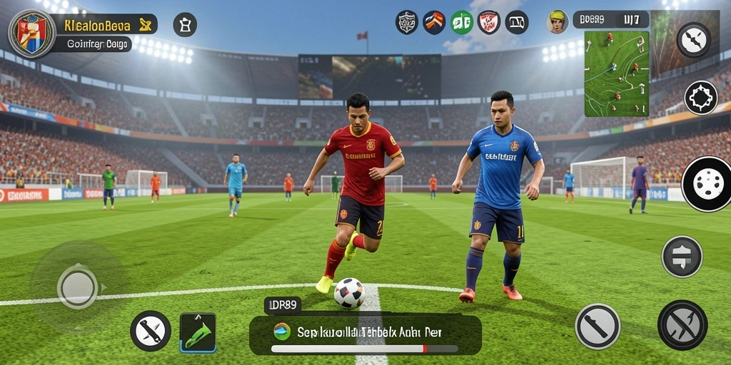 Tangkapan layar menampilkan aksi seru dalam permainan sepak bola IDR89.