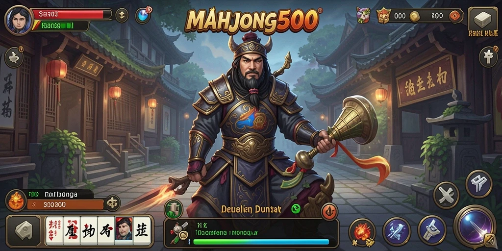 Tangkapan layar dari gameplay MAHJONG500 menampilkan serangan karakter dalam pertempuran RPG.