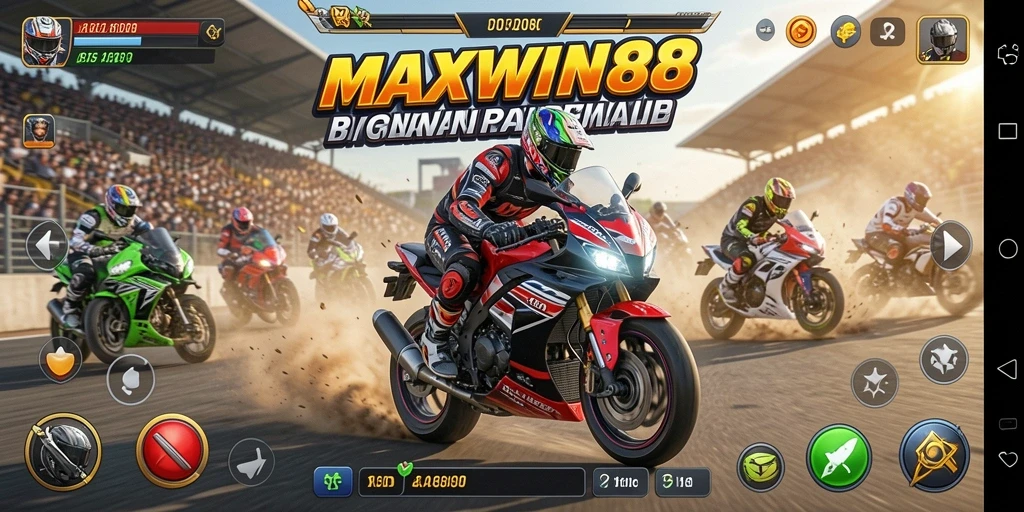 Screenshot gameplay MAXWIN88 menampilkan aksi balapan motor yang mendebarkan.