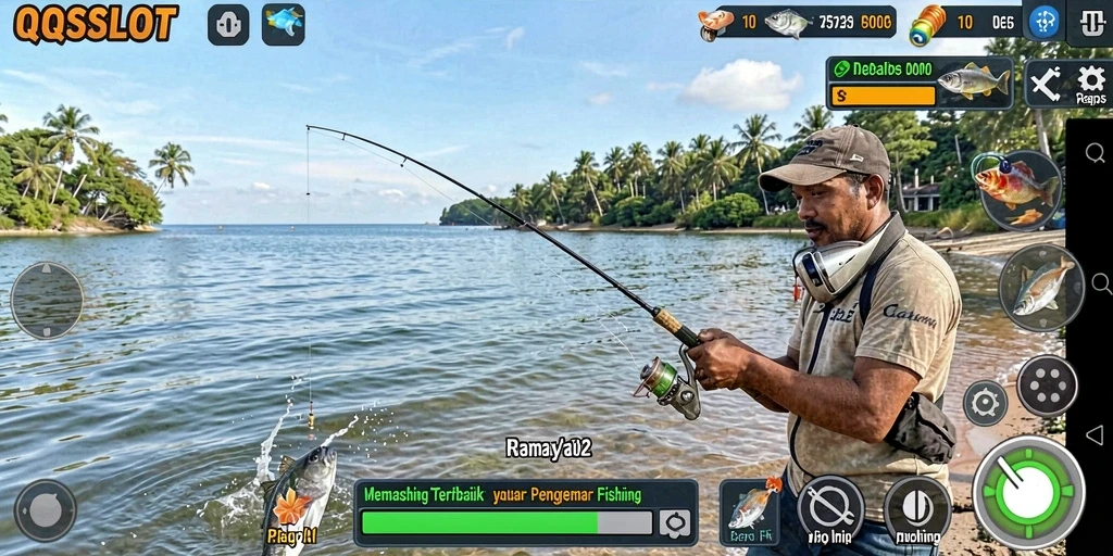 Tampilan gameplay <strong>QQSLOT</strong> yang seru saat menangkap ikan.
