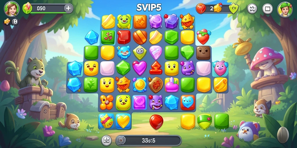 Screenshot gameplay SVIP5 menunjukkan aksi seru permainan Match-3.