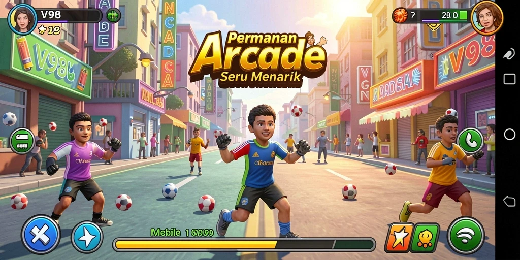 Screenshot utama V98 menampilkan aksi gameplay yang seru dan cepat.